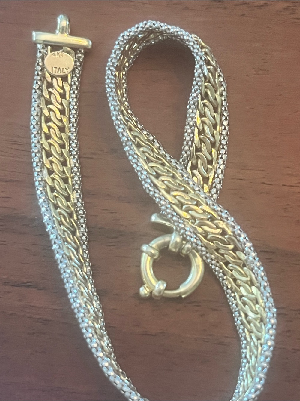 14k two tone gold bracelet 8” mesh with silver rows ring clasp made in Italy - Picture 4 of 15
